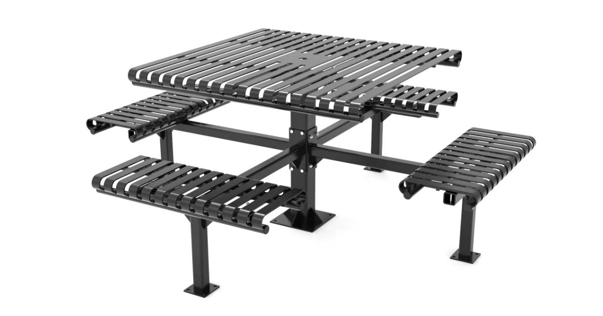 Modern black metal picnic table with four attached bench seats and a square tabletop